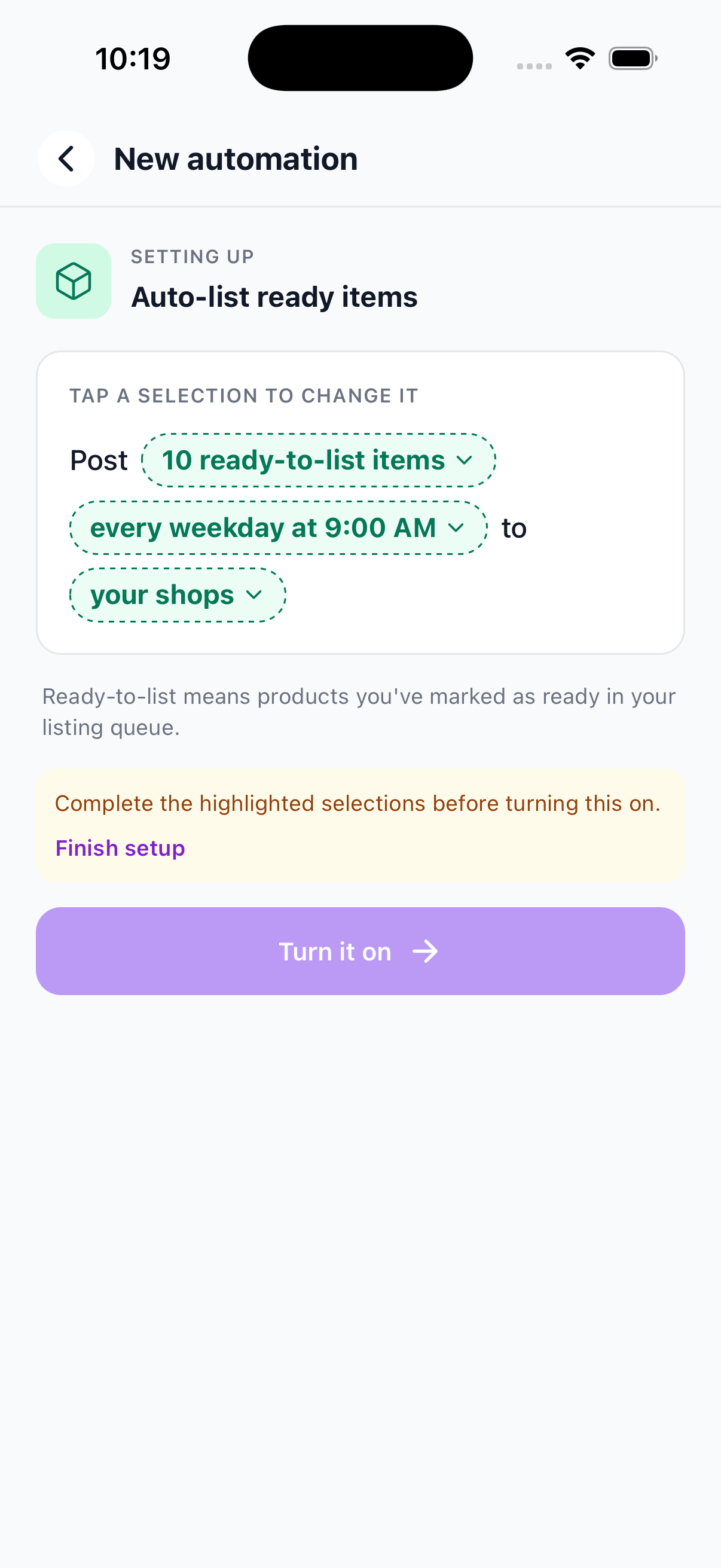 Auto-list Ready Items setup screen