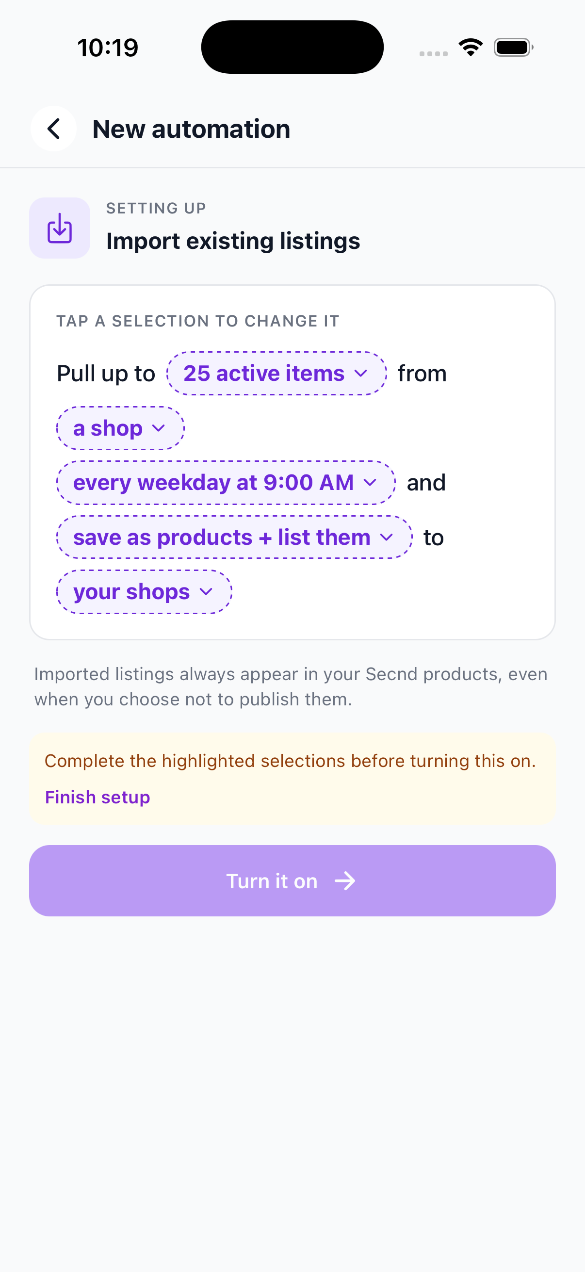 Import Existing Listings setup screen