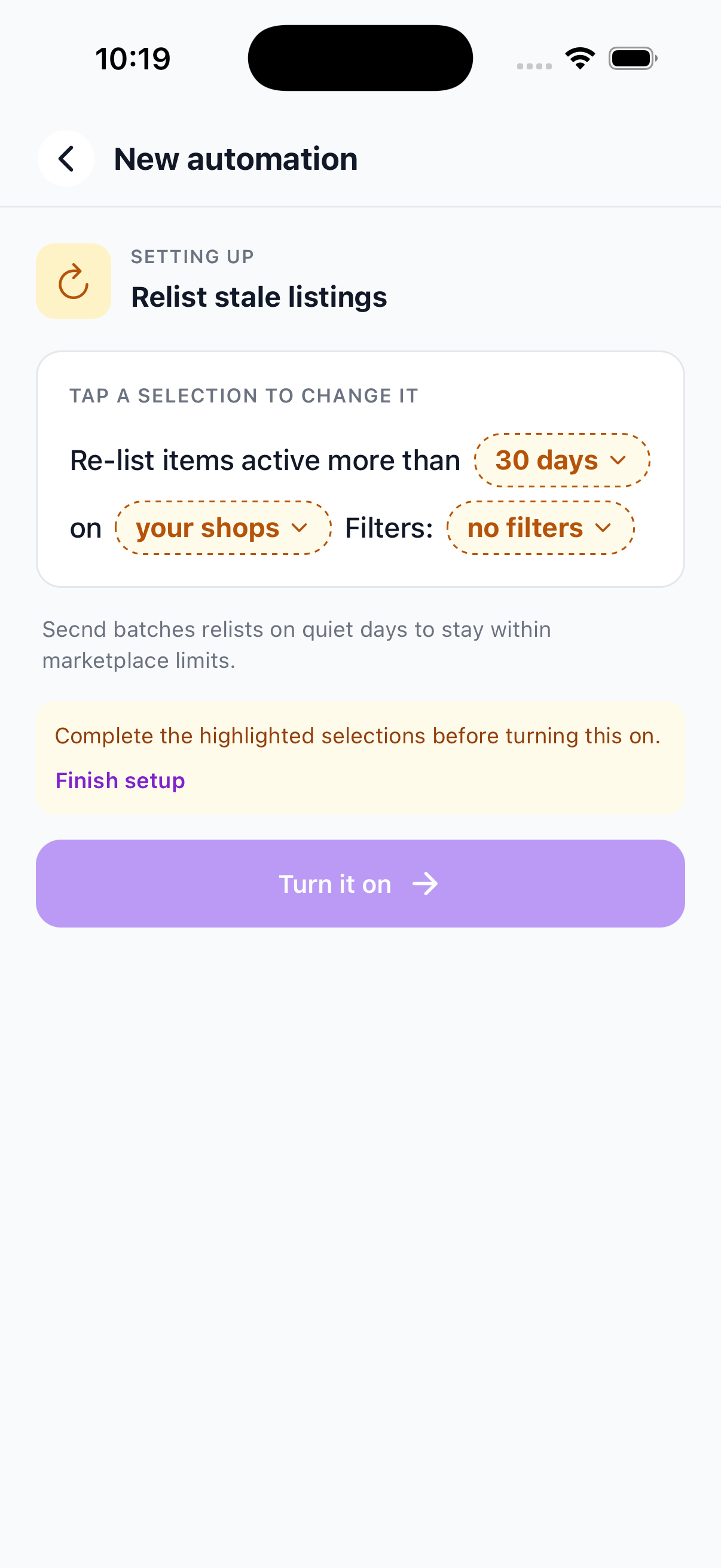 Relist Stale Listings setup screen