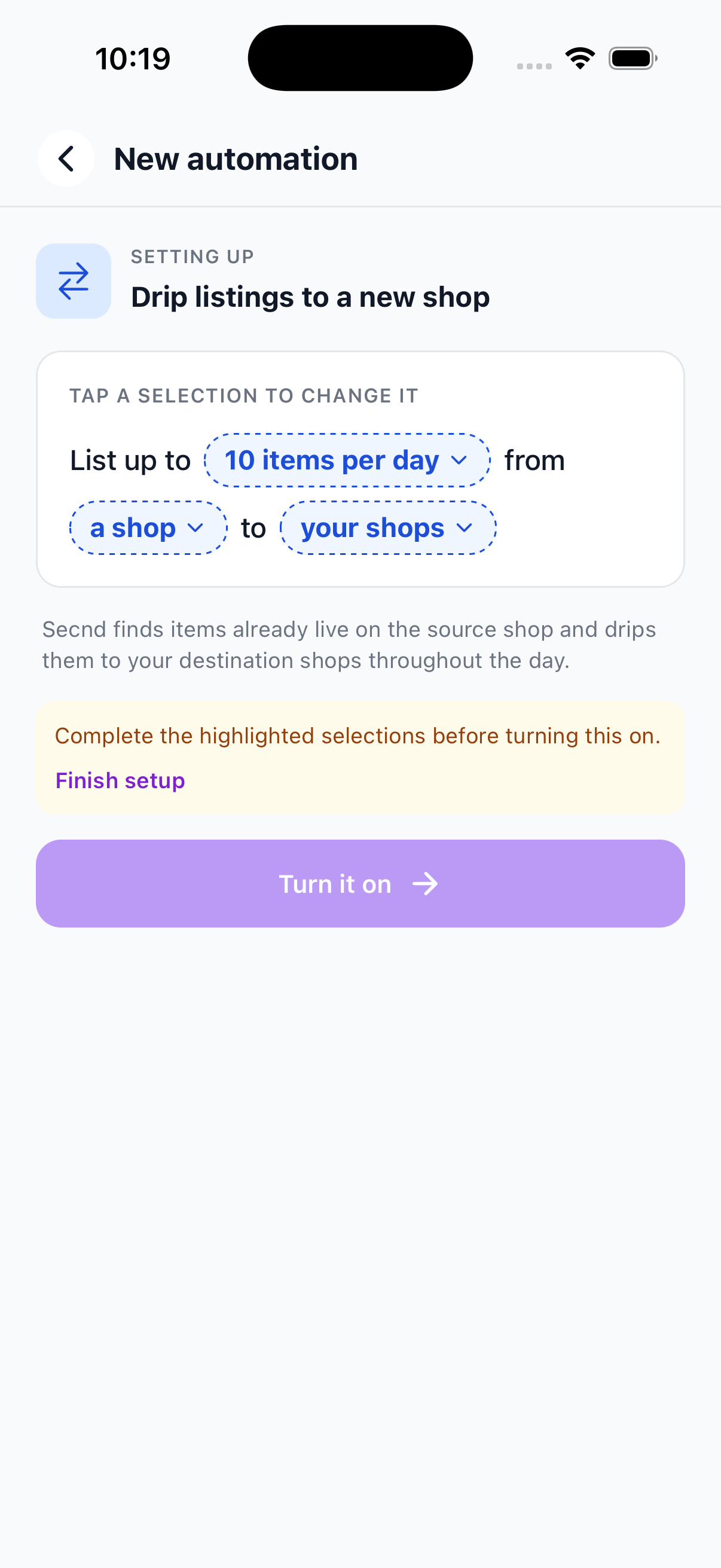 Drip Listings to a New Shop setup screen