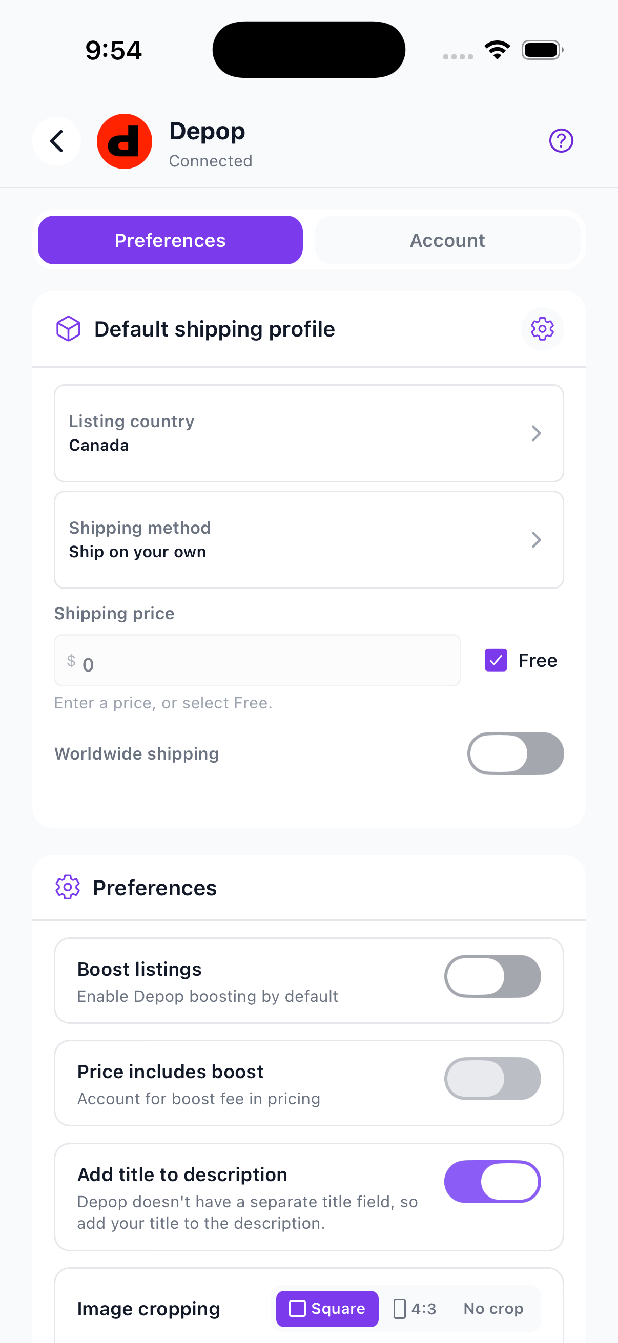 Connected Depop integration with shipping and listing preferences