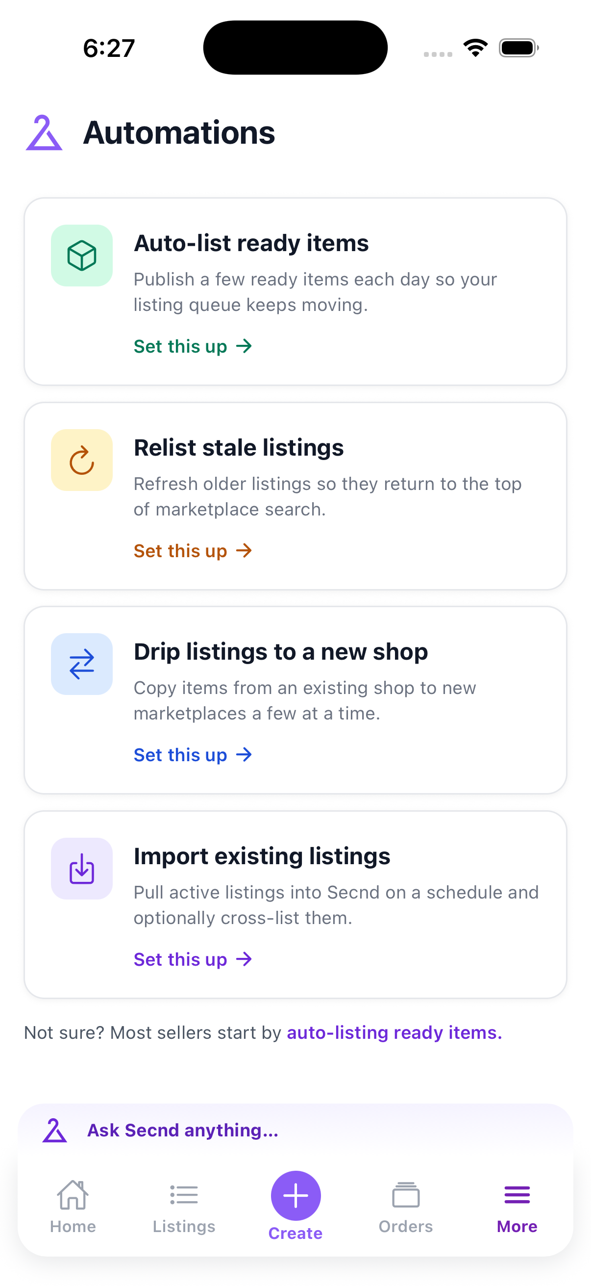 Mobile Automations page with listing, relisting, shop drip, and import templates