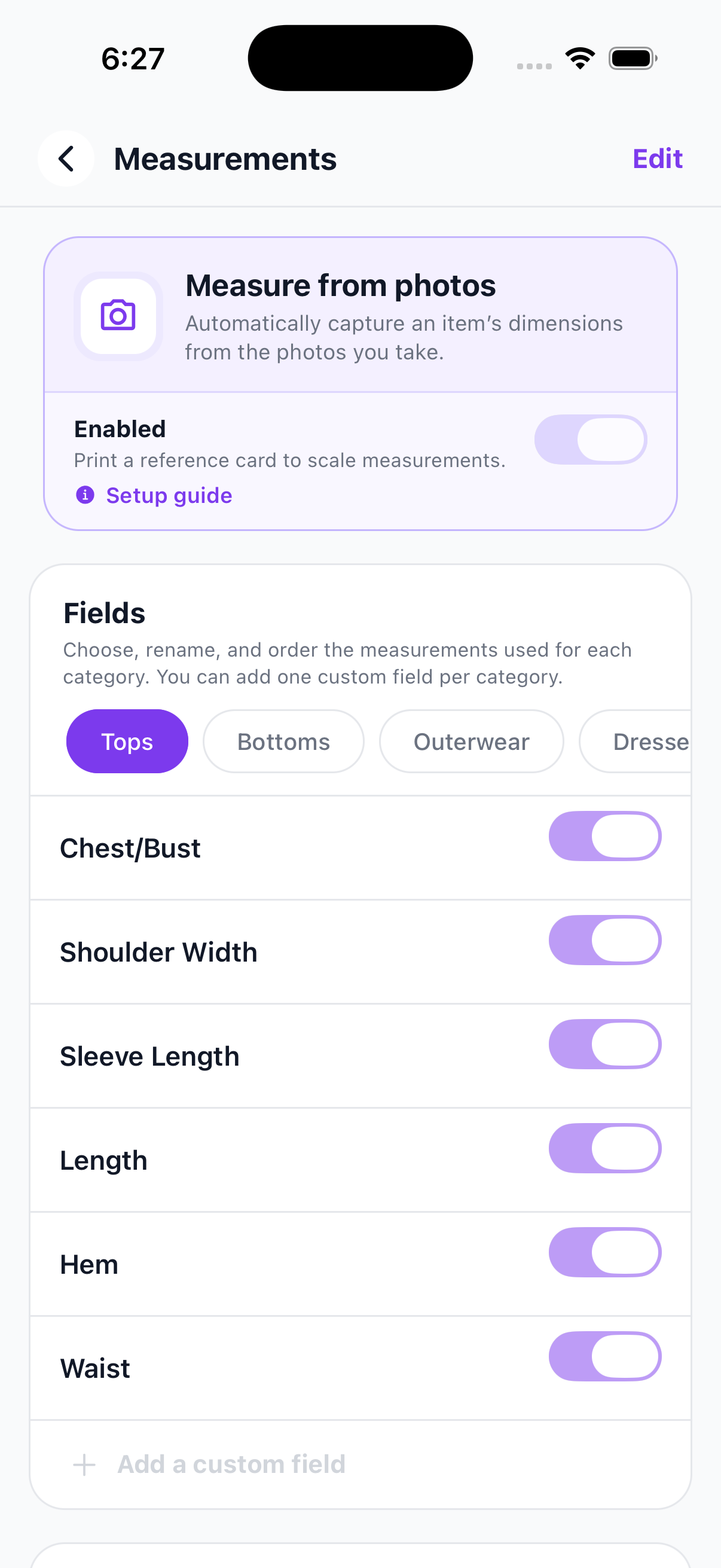 Mobile Measurements settings with photo measurement and category fields