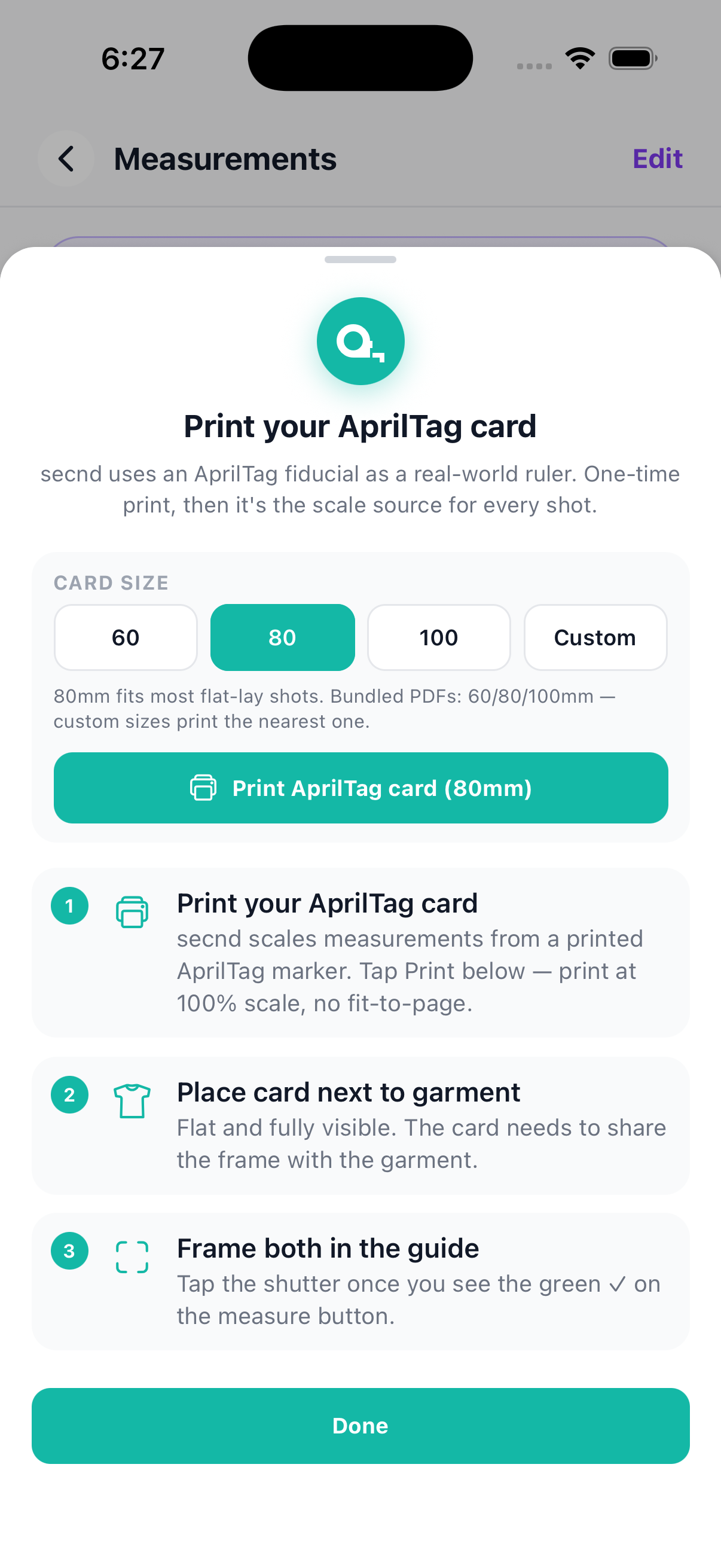 Mobile measurement setup guide for printing and placing an AprilTag card