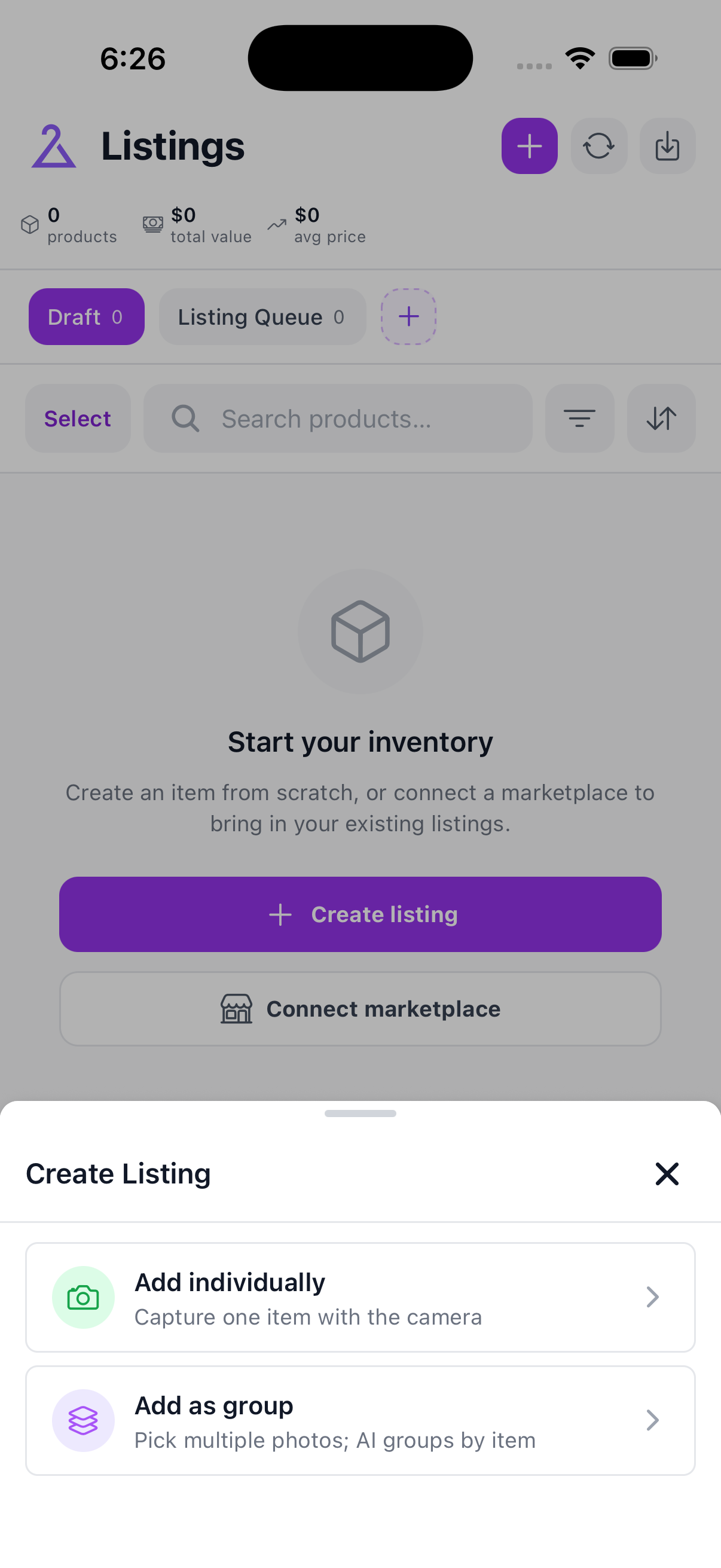 Mobile Create Listing sheet with Add individually and Add as group