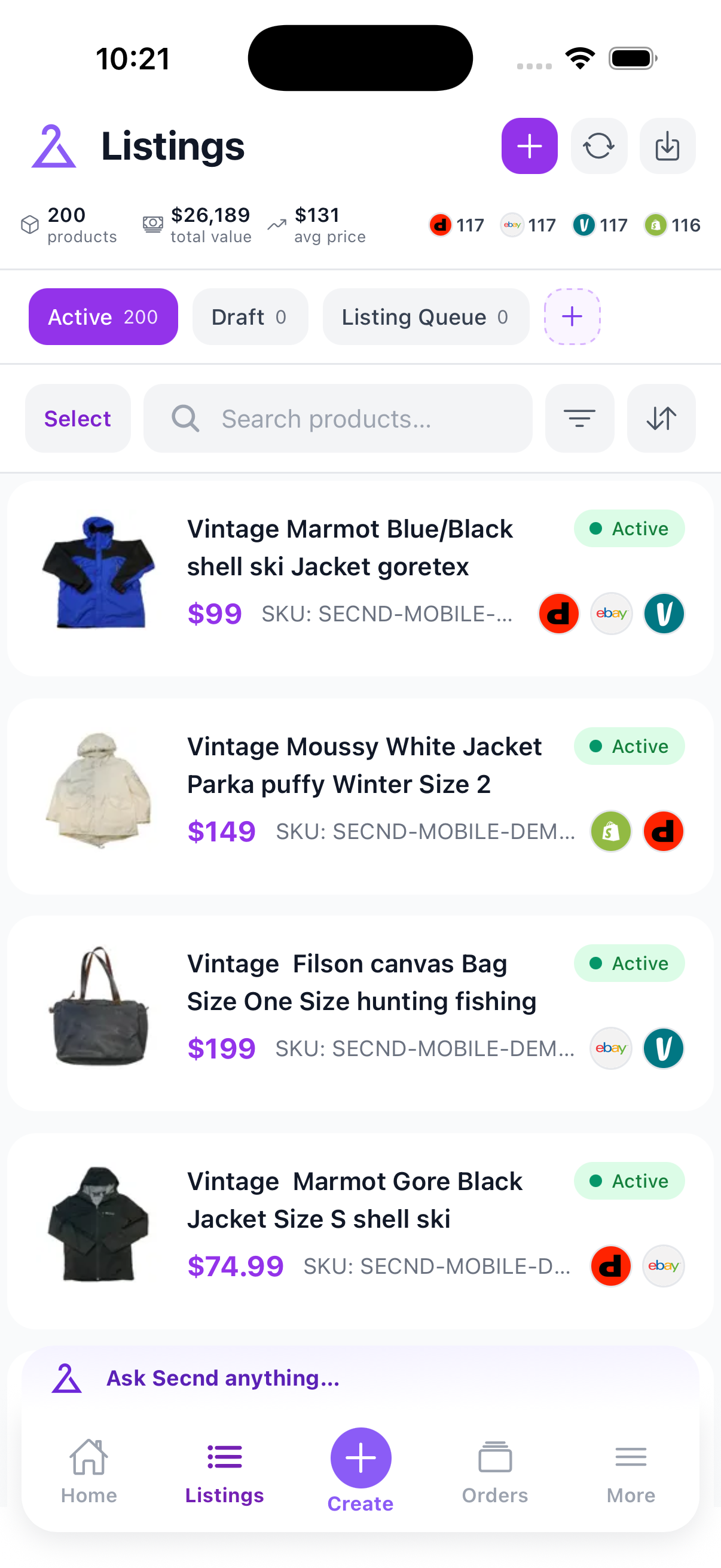 Mobile Listings screen with active products, drafts, and listing rows