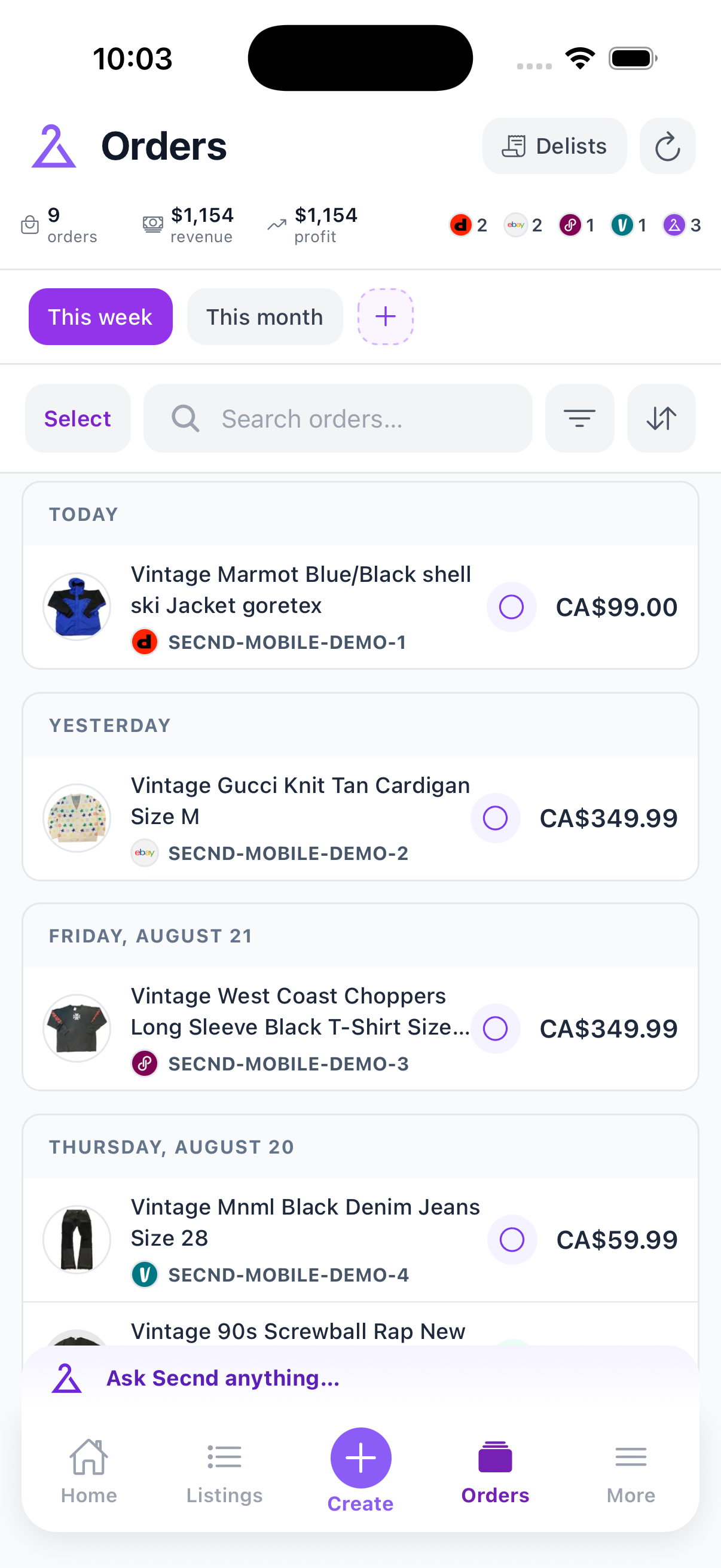 SECND Orders screen with sales totals and orders that include product photos