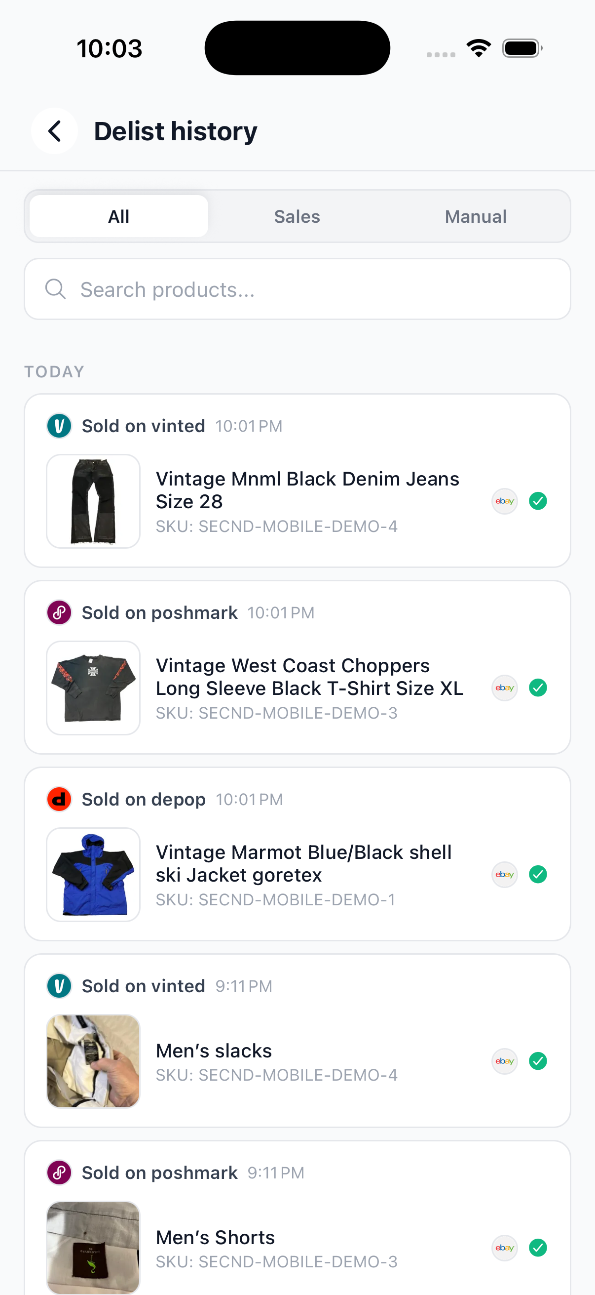 SECND Delist history showing sales and manual delists with product details