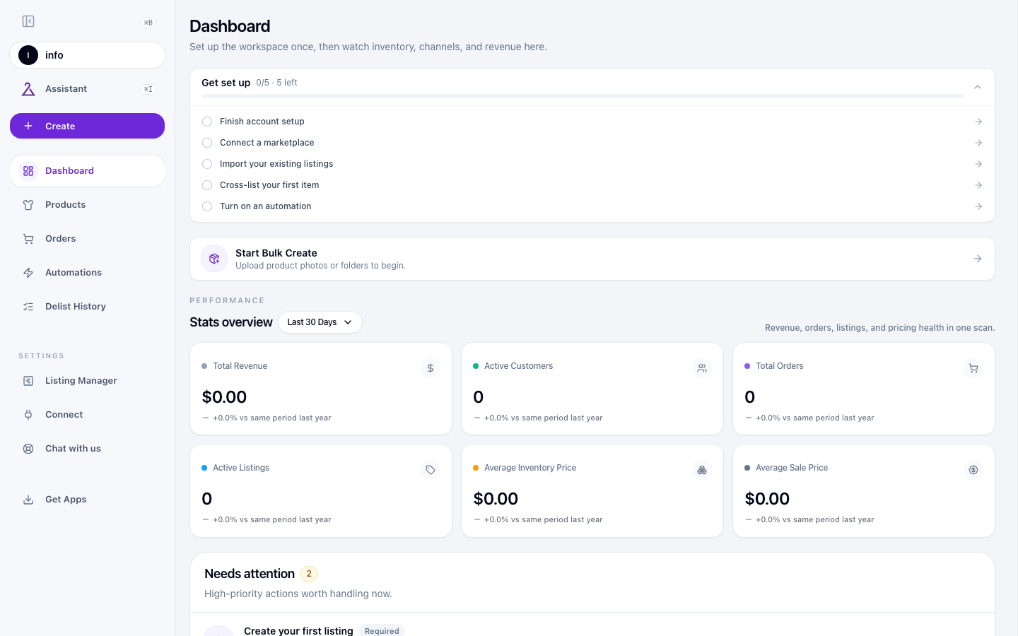 SECND dashboard with sidebar nav and Get set up checklist showing 5 tasks