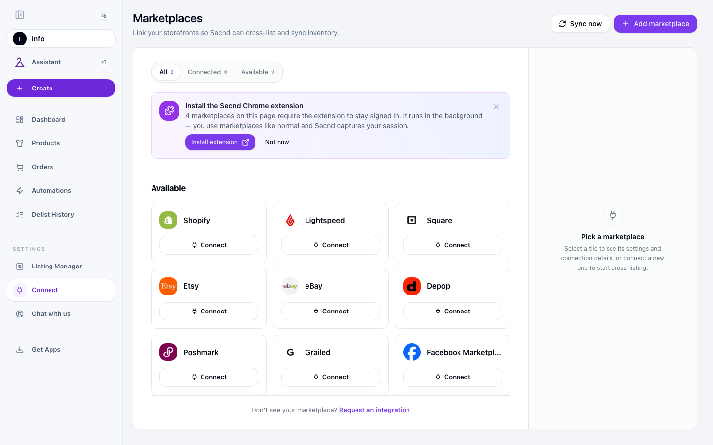 SECND Marketplaces page showing 9 connectable platforms including Shopify, Lightspeed, Square, Etsy, eBay, Depop, Poshmark, Grailed, Facebook Marketplace